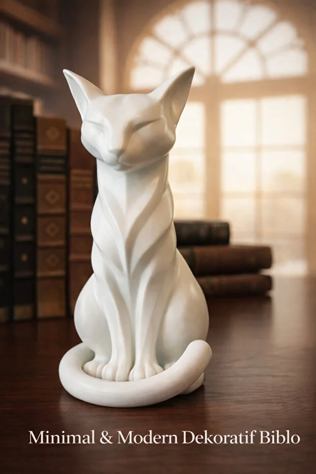 Dekoratif Beyaz Kedi Biblosu | Modern & Minimal Ev Ofis Masa Dekoru